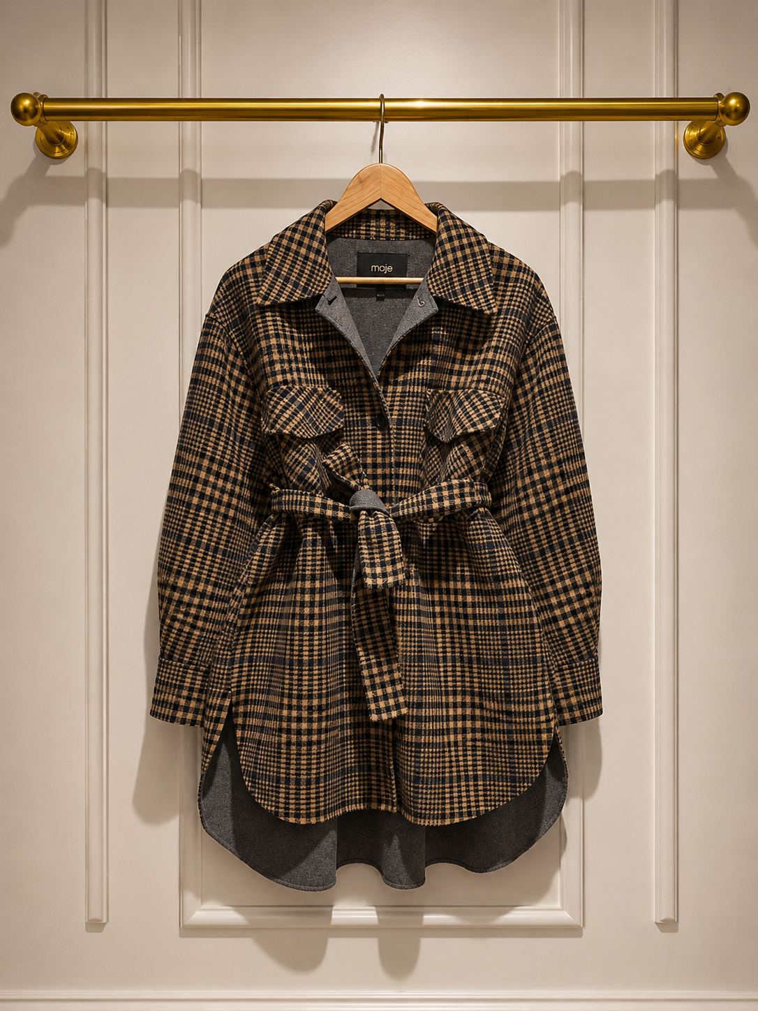Maje Gavino Brushed Wool Plaid Belted Shacket | UK 8–10