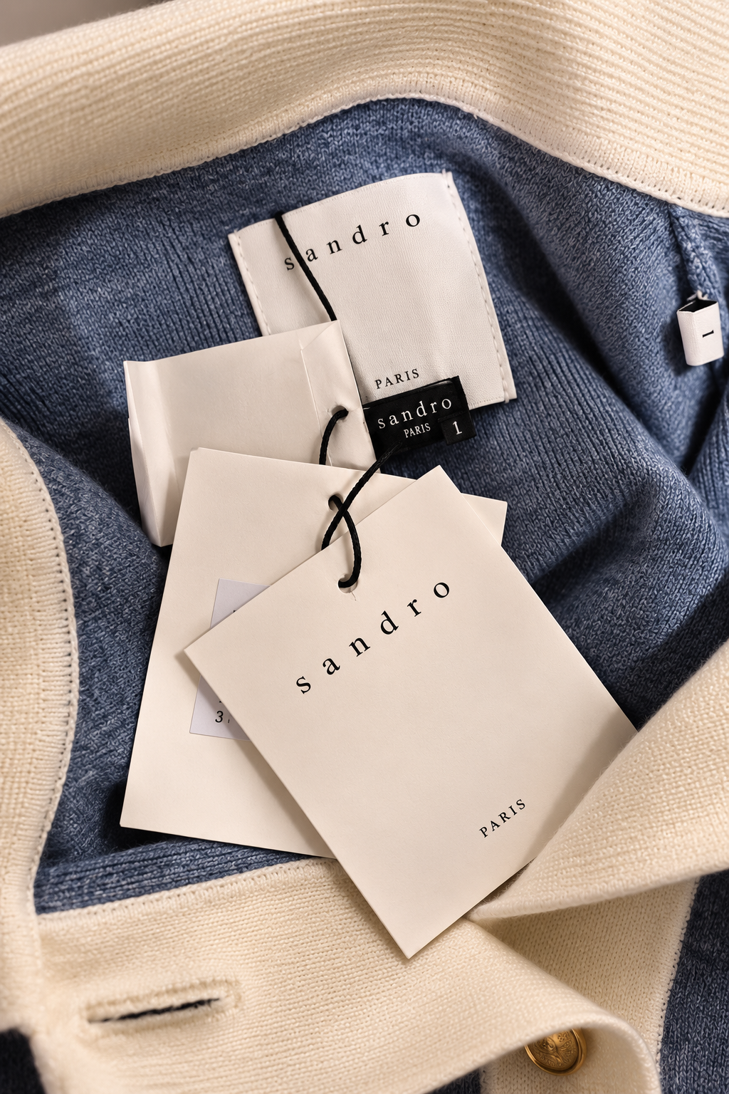 Sandro Wool Polo Cardigan in Soft Blue & Cream — UK 8 | New With Tags