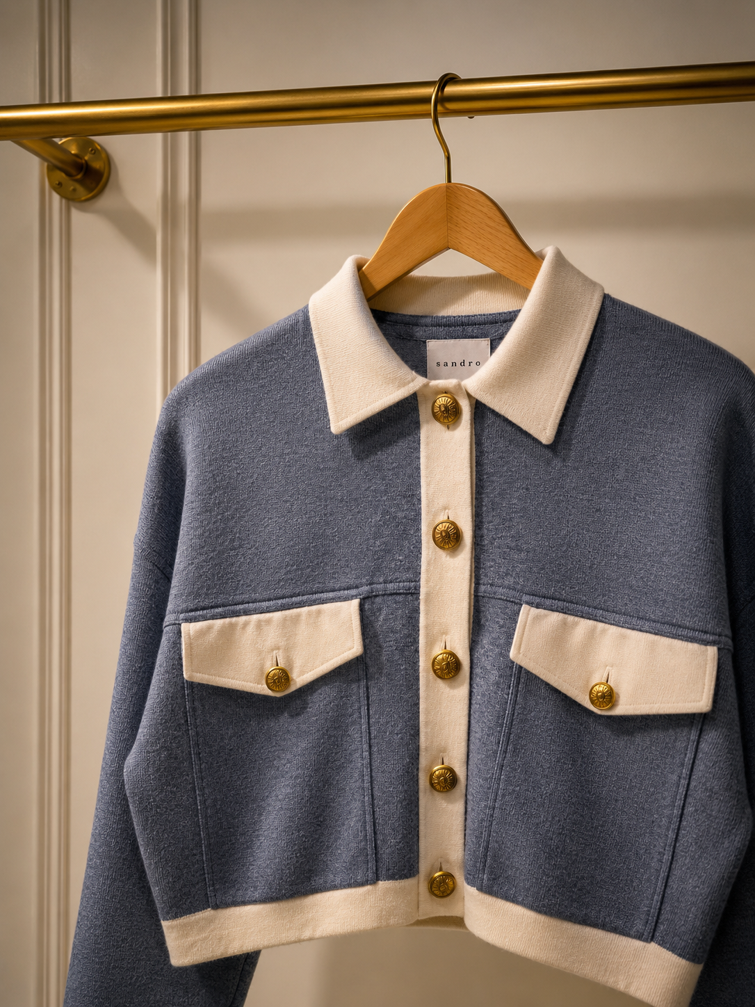 Sandro Wool Polo Cardigan in Soft Blue & Cream — UK 8 | New With Tags