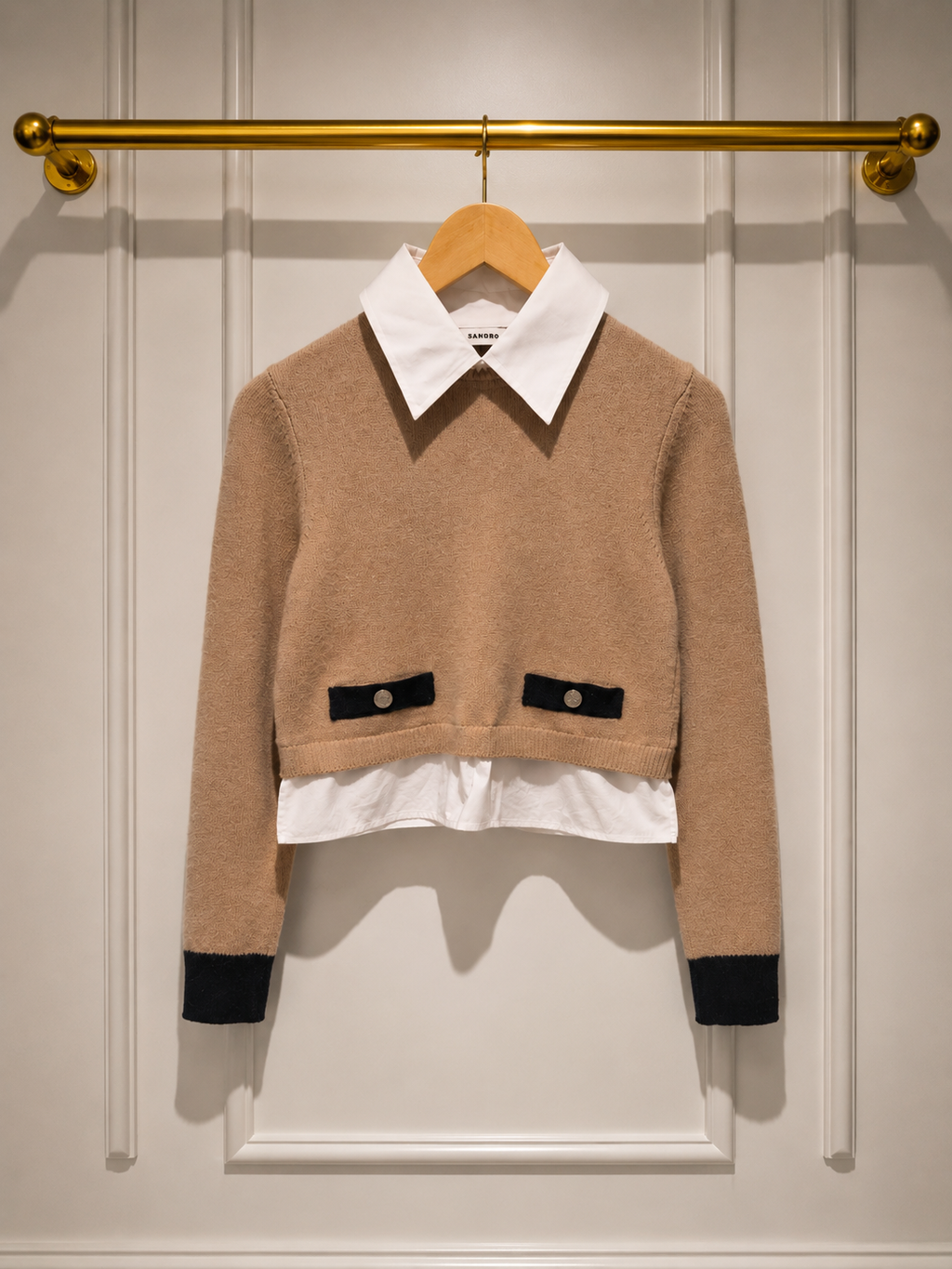Sandro Layered Cashmere & Wool Blend Collar Cropped Knit — Beige & Black