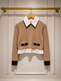 Sandro Layered Cashmere & Wool Blend Collar Cropped Knit — Beige & Black