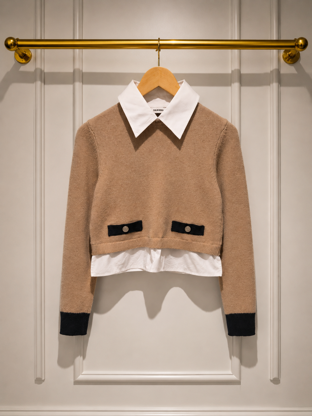 Sandro Layered Cashmere & Wool Blend Collar Cropped Knit — Beige & Black