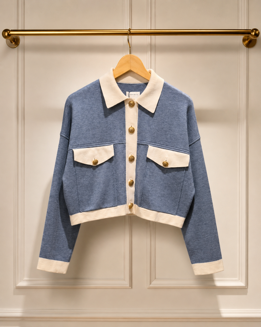 Sandro Wool Polo Cardigan in Soft Blue & Cream — UK 8 | New With Tags