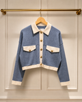 Sandro Wool Polo Cardigan in Soft Blue & Cream — UK 8 | New With Tags