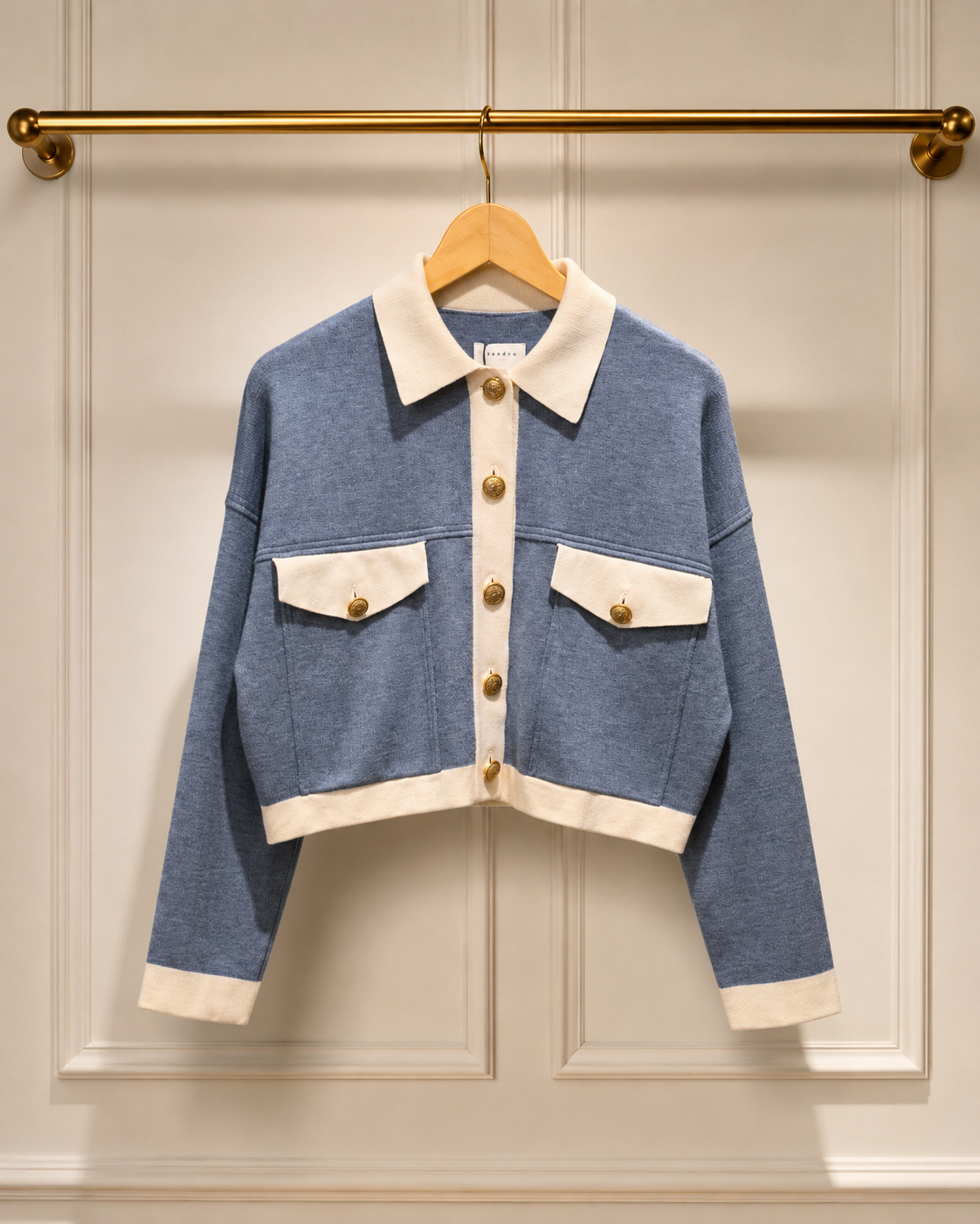 Sandro Wool Polo Cardigan in Soft Blue & Cream — UK 8 | New With Tags