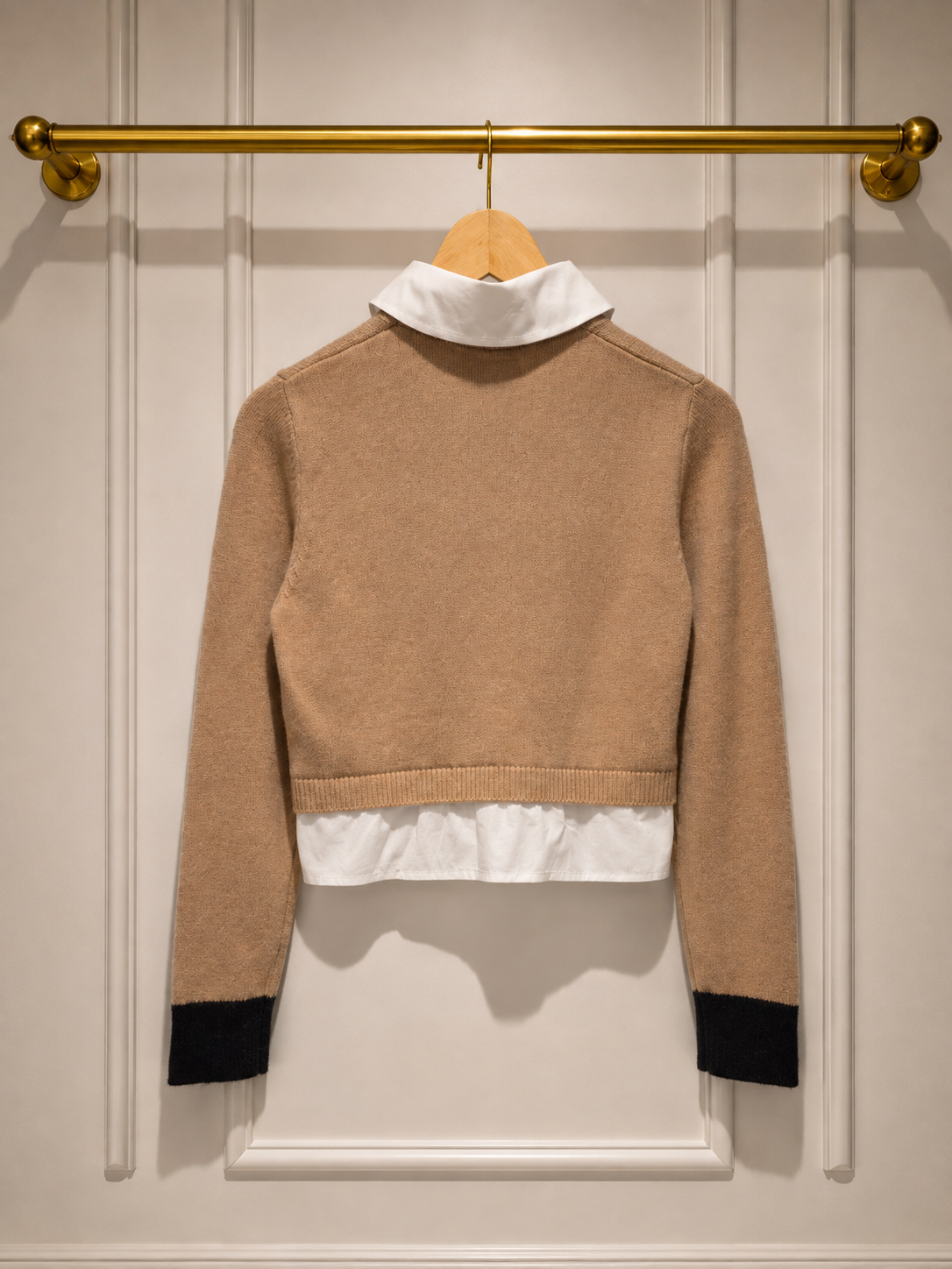 Sandro Layered Cashmere & Wool Blend Collar Cropped Knit — Beige & Black