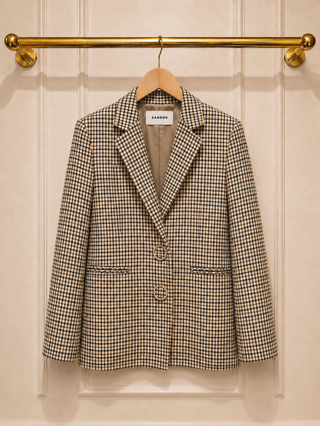 Sandro Relaxed Check Blazer with Oversized Buttons — Size 8–10